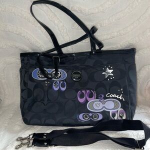 Coach appliqué poppy diaper bag black with purple changing pad F17590